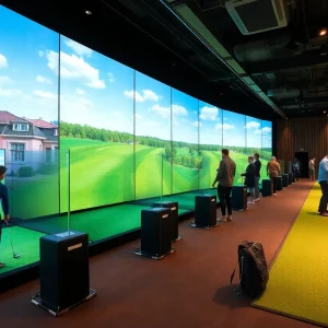 Golf enthusiasts enjoying indoor golf at Golfology in St. Pete