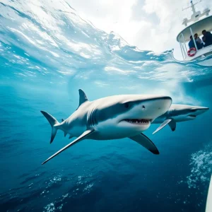 Great white shark swimming near a fishing boat off Hilton Head Island