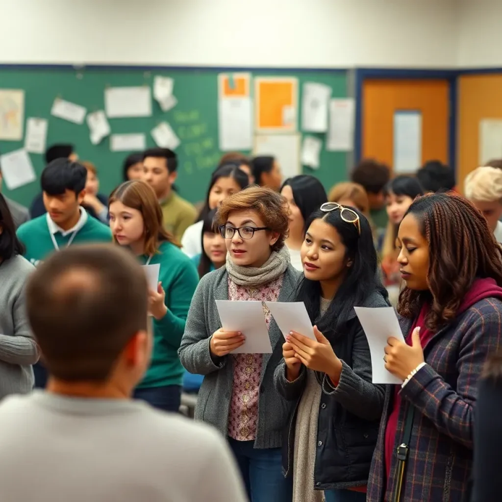 Community members engaging in a school district meeting