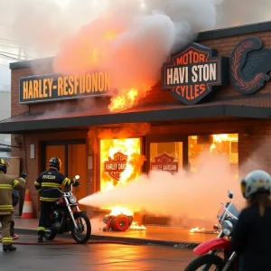 Firefighters responding to a blaze at a Harley-Davidson shop in North Myrtle Beach