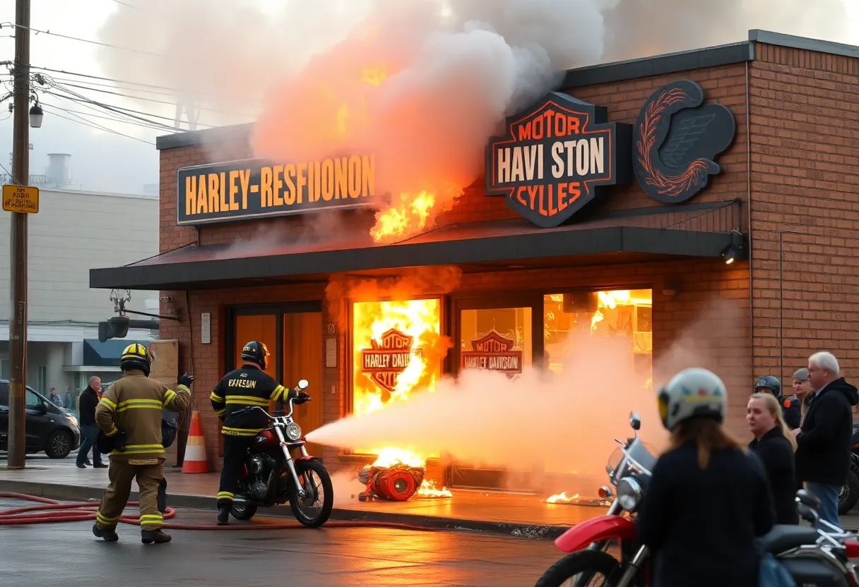 Firefighters responding to a blaze at a Harley-Davidson shop in North Myrtle Beach