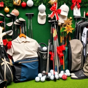 Display of golf equipment with holiday decorations