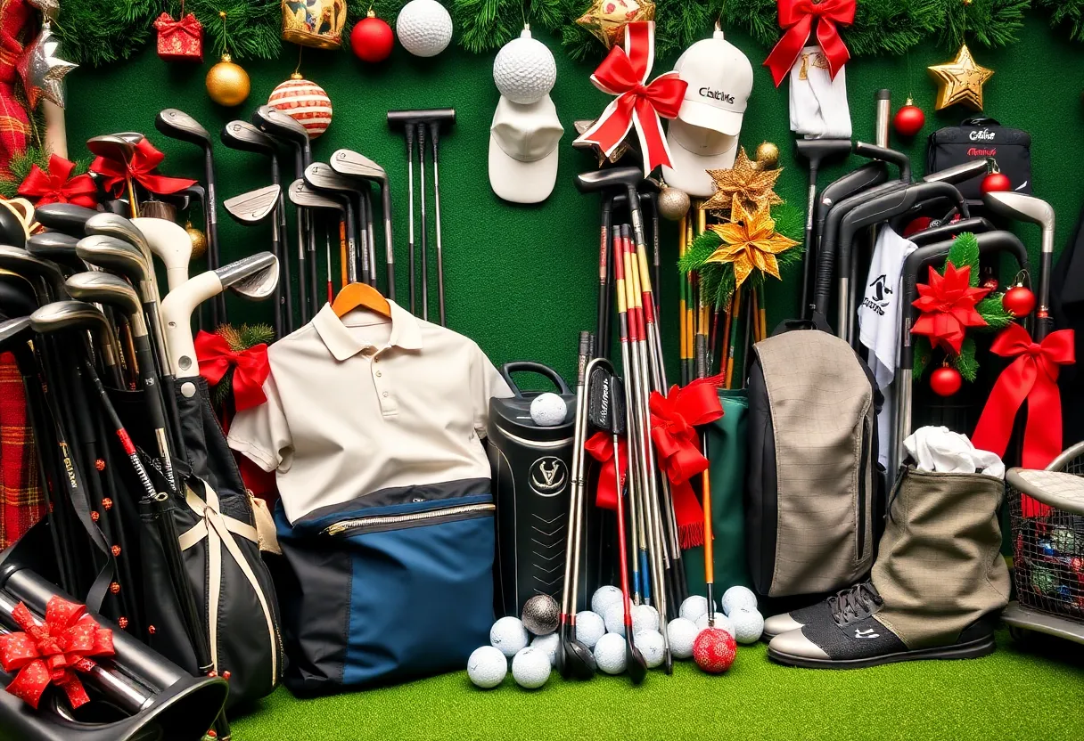 Display of golf equipment with holiday decorations