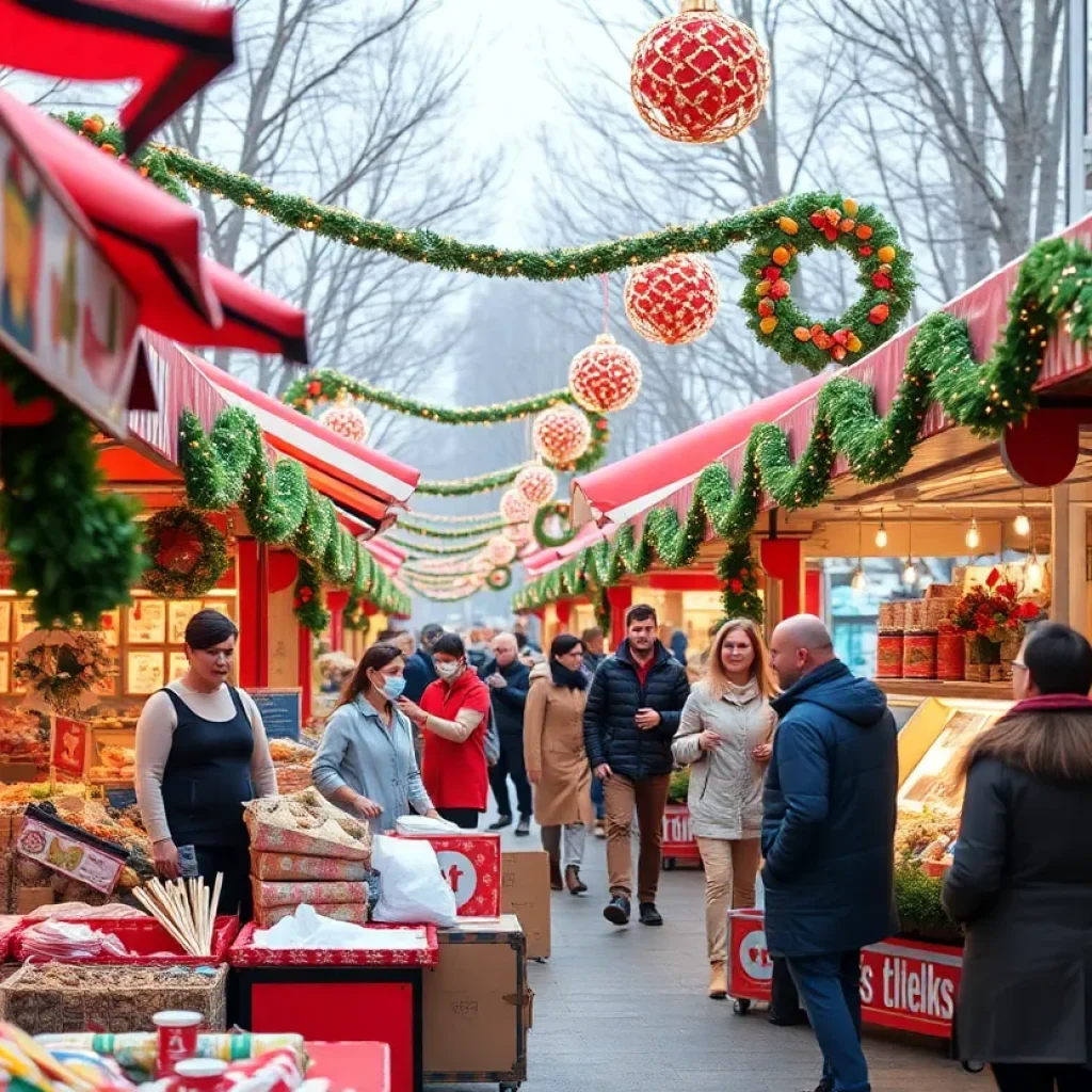 Shoppers at a holiday market with colorful tents and decorations.