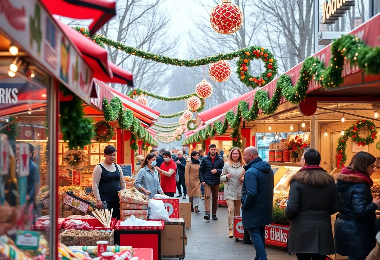 Shoppers at a holiday market with colorful tents and decorations.