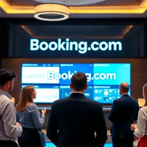 Hotel staff discussing strategies in a lobby environment after Booking.com fine