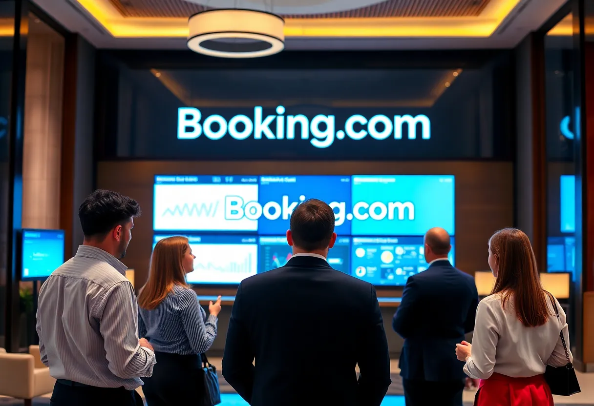 Hotel staff discussing strategies in a lobby environment after Booking.com fine