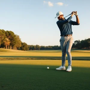 A golfer swings a hybrid golf club on a golf course.