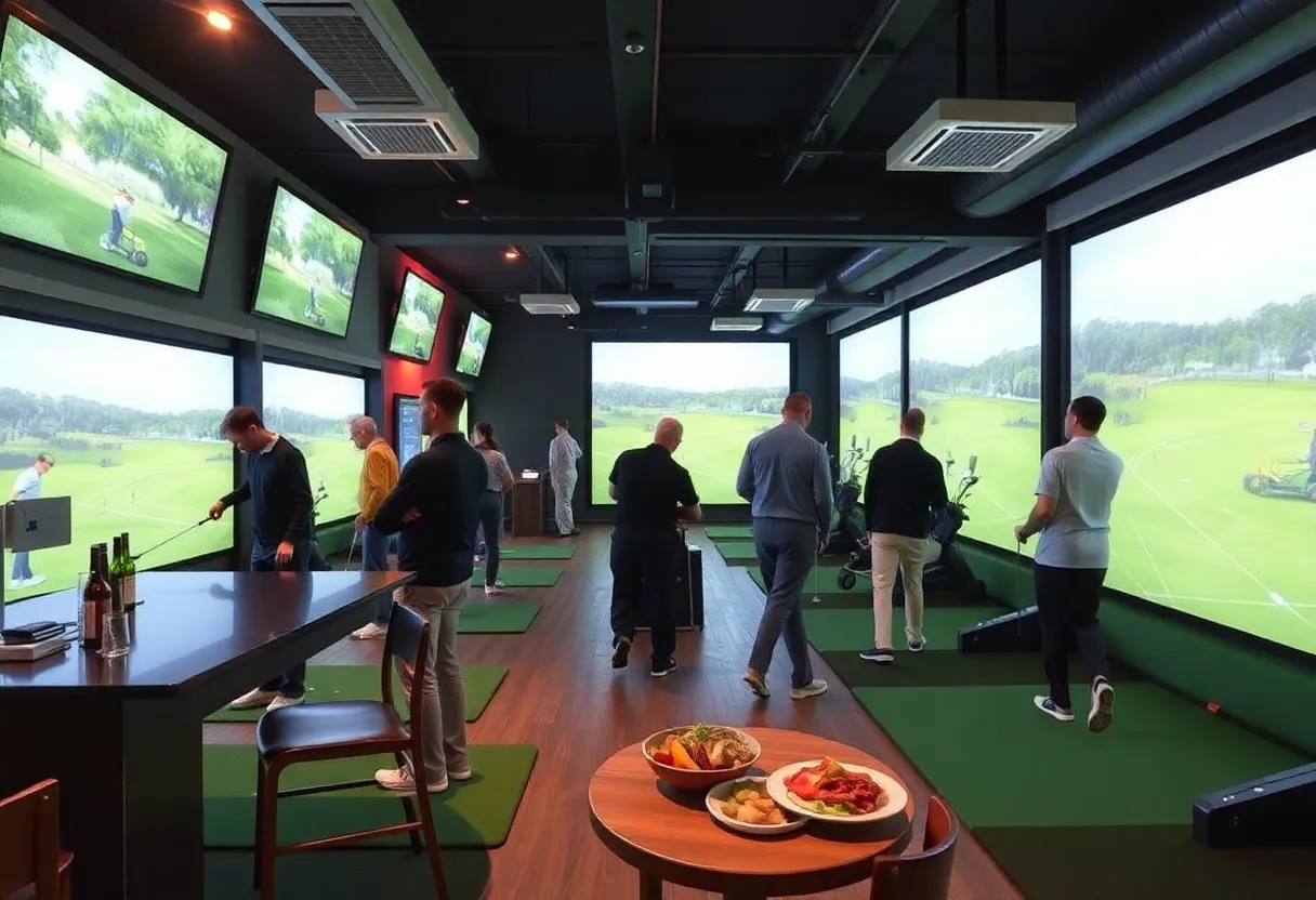 People enjoying indoor golf at a modern facility in New York City.