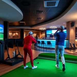 Golfers enjoying an indoor golf simulator at The Cave restaurant and bar in Estero