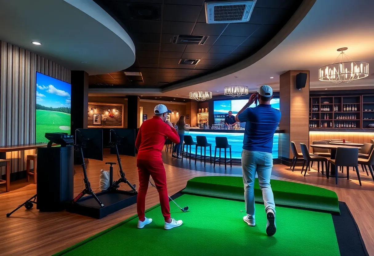 Golfers enjoying an indoor golf simulator at The Cave restaurant and bar in Estero