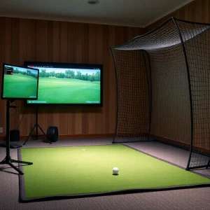 A well-organized indoor golf simulator setup with a monitor and golf equipment.