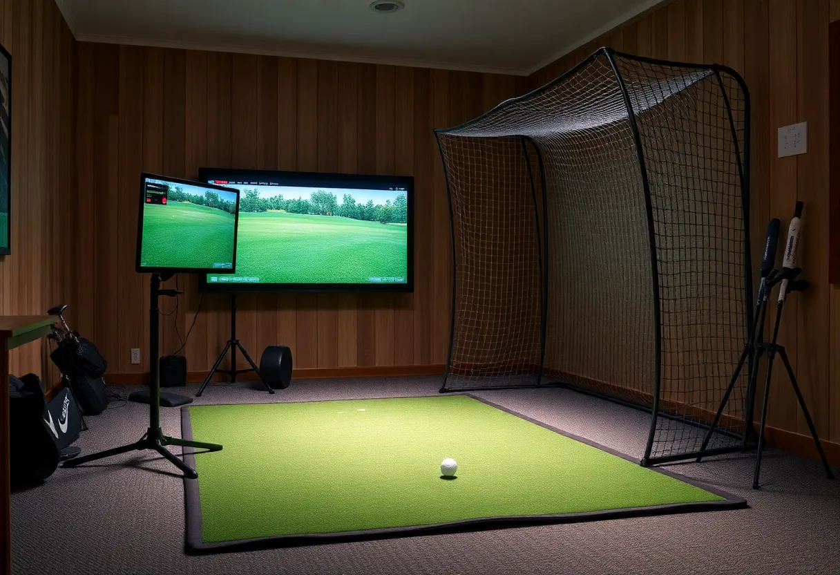 A well-organized indoor golf simulator setup with a monitor and golf equipment.