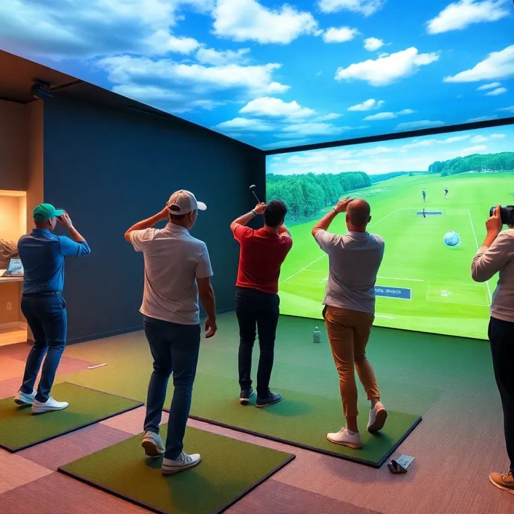 Golfers playing on an indoor golf simulator at The Cave in Southwest Florida