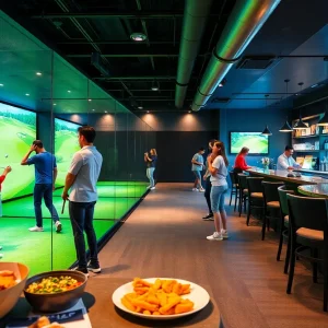 Visitors enjoying indoor golf simulators at The Cave in Estero, Florida