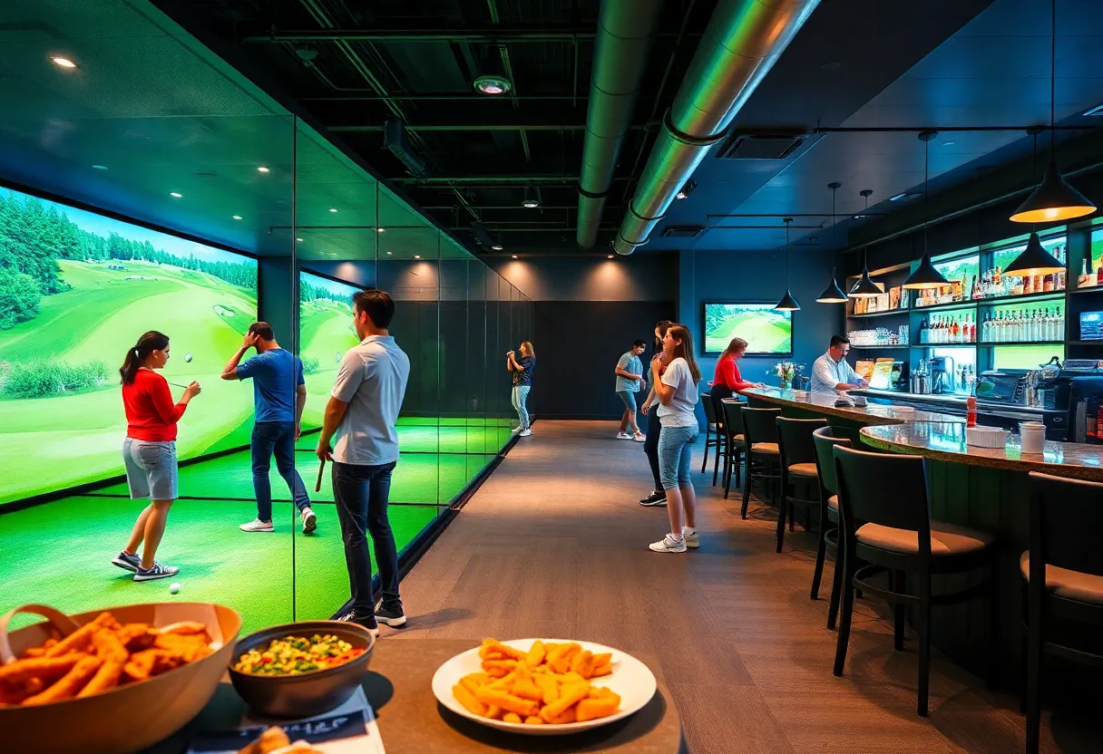 Visitors enjoying indoor golf simulators at The Cave in Estero, Florida