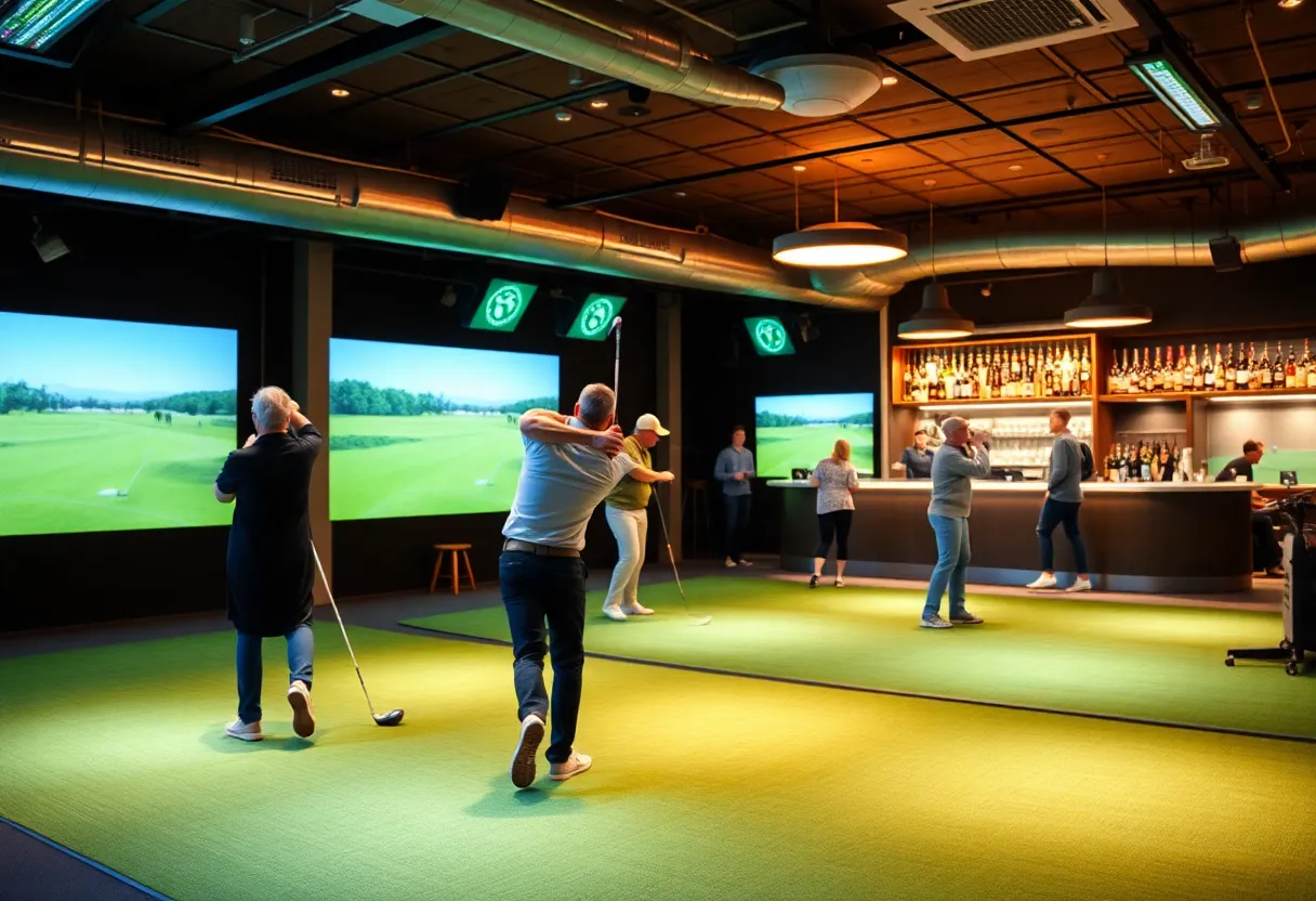 A group of friends enjoying indoor golf at The Cave in Southwest Florida.