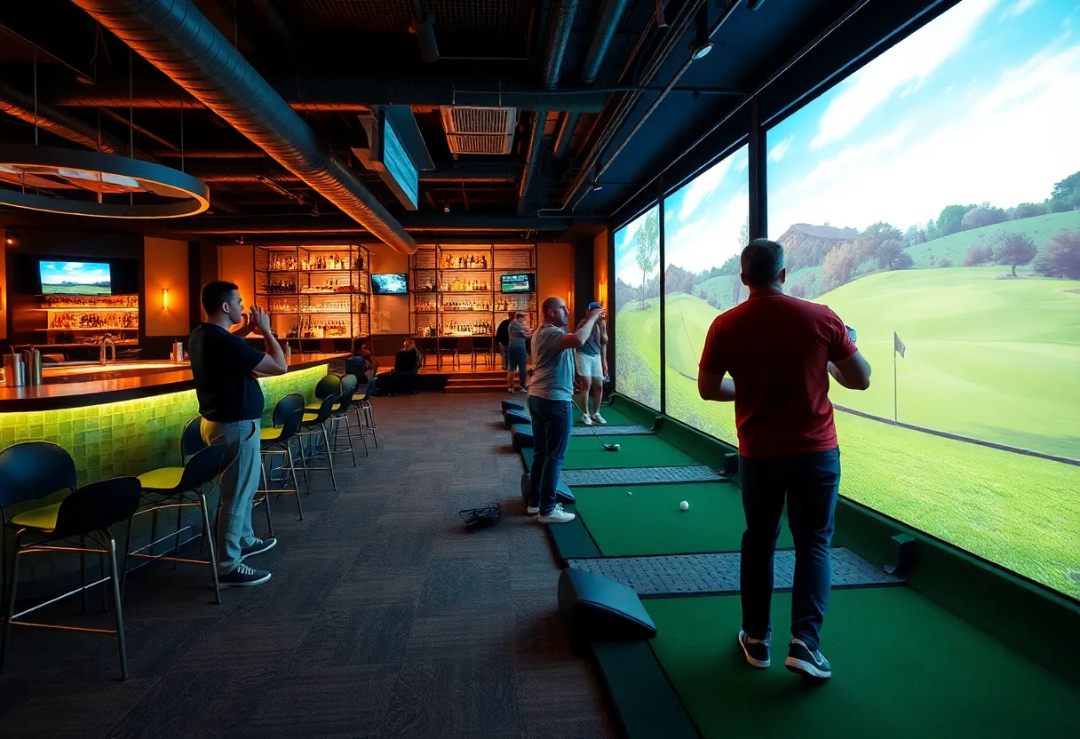 Players enjoying an indoor golf simulator at X-Golf in West Palm Beach