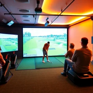 Players engaging in virtual golf at a high-tech simulator.