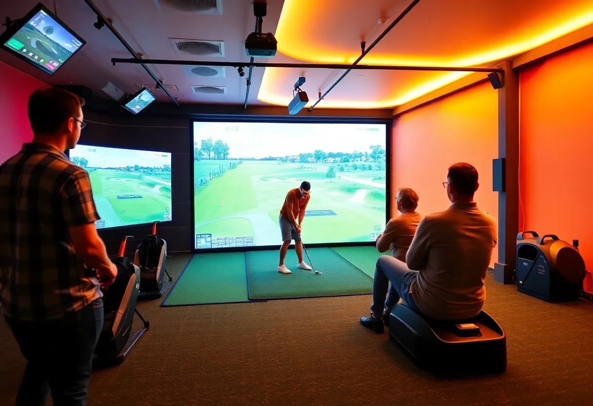 Players engaging in virtual golf at a high-tech simulator.