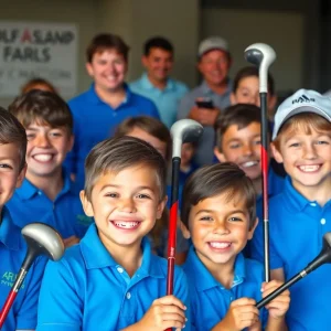 Children joyfully receiving custom golf clubs at a nonprofit event.