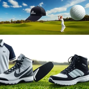 A variety of new golf equipment including clothing, drivers, and shoes showcased on a golf course.