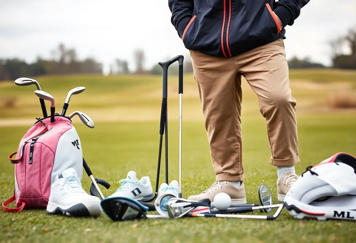 Stylish golf apparel and equipment on a golf course