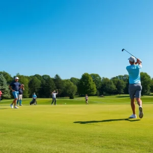 Golf players practicing swings on a beautiful course