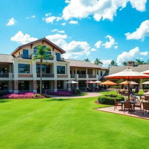 Exterior view of a luxurious country club in South Florida with golf facilities and dining areas.