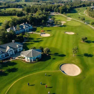 Aerial view of a luxury golf course with vibrant greens and upscale facilities.