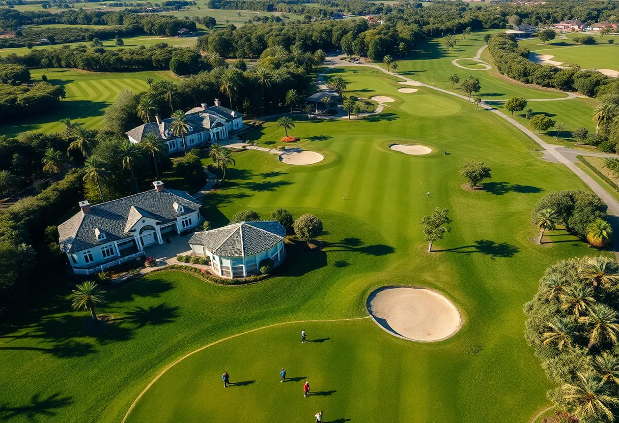 Aerial view of a luxury golf course with vibrant greens and upscale facilities.