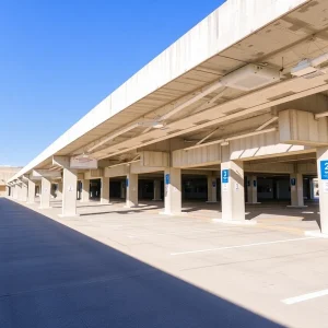 An overview of a clean and maintained precast parking structure.