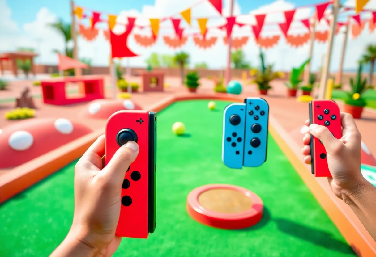 Players enjoying Mini Golf Simulator on Nintendo Switch with Joy-Con controllers