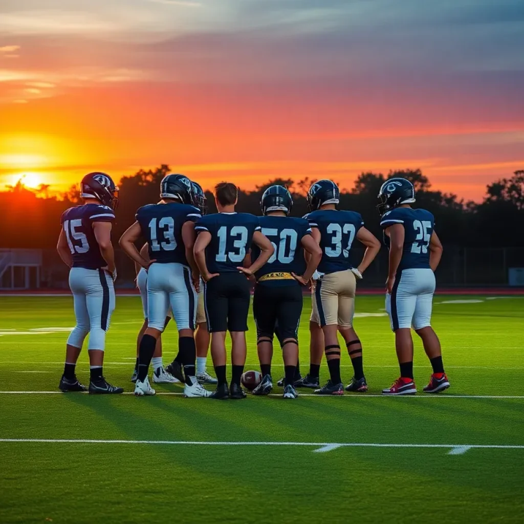 Mississippi State football team strategizing on a field