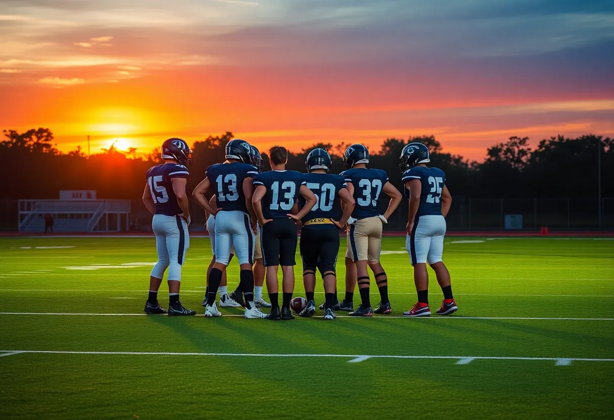 Mississippi State football team strategizing on a field