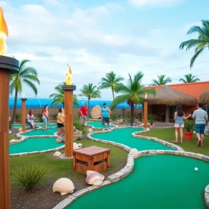 Guests playing mini golf at Mulligan's Lagoon in Myrtle Beach with tiki torches and palm trees.