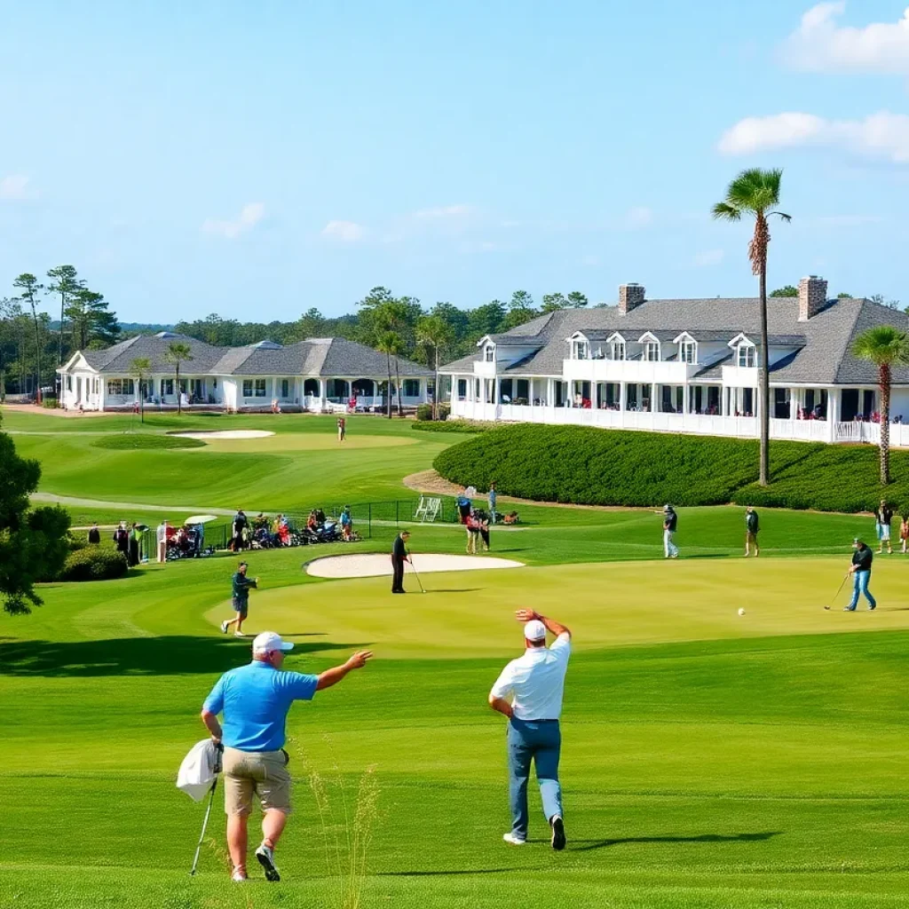 Professional golfers participating in the Myrtle Beach Classic with volunteers assisting at the Dunes Golf & Beach Club.