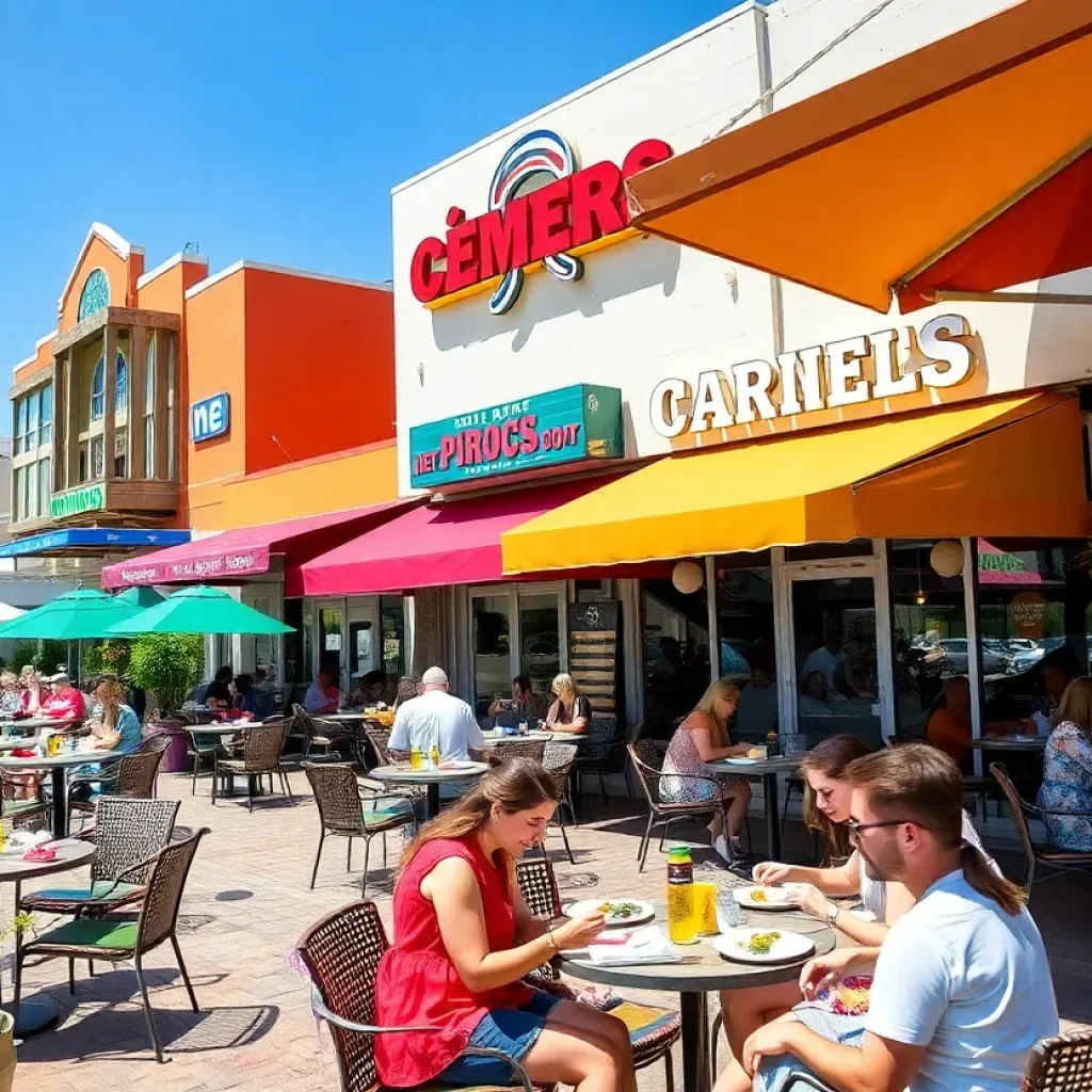 A bustling restaurant scene in Myrtle Beach featuring outdoor dining.