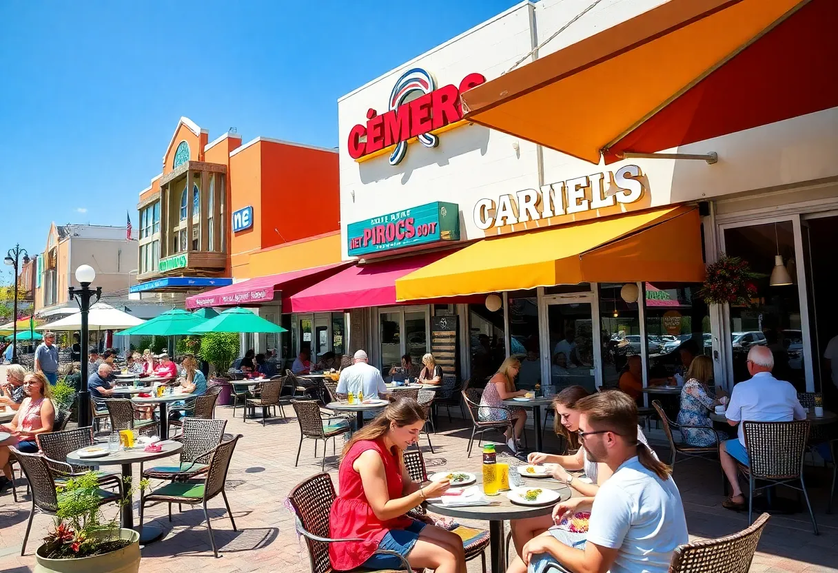 A bustling restaurant scene in Myrtle Beach featuring outdoor dining.