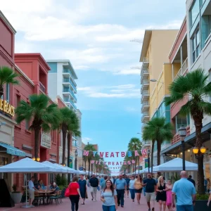 Vibrant downtown area of Myrtle Beach showcasing shops and restaurants