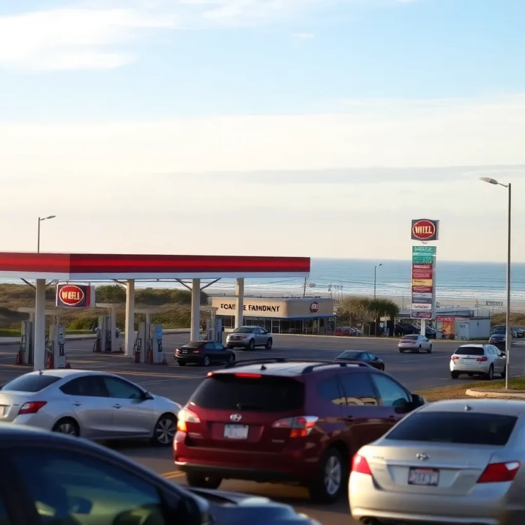 Gas prices at a Myrtle Beach station with a beach backdrop.