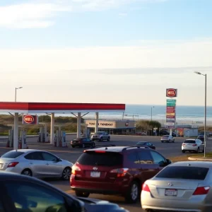 Gas prices at a Myrtle Beach station with a beach backdrop.