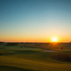 Sunset over Myrtle Beach golf course with golfers on the green.