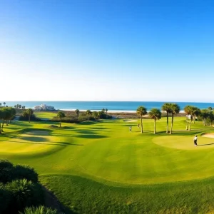 Golfers playing on a beautiful Myrtle Beach golf course with palm trees