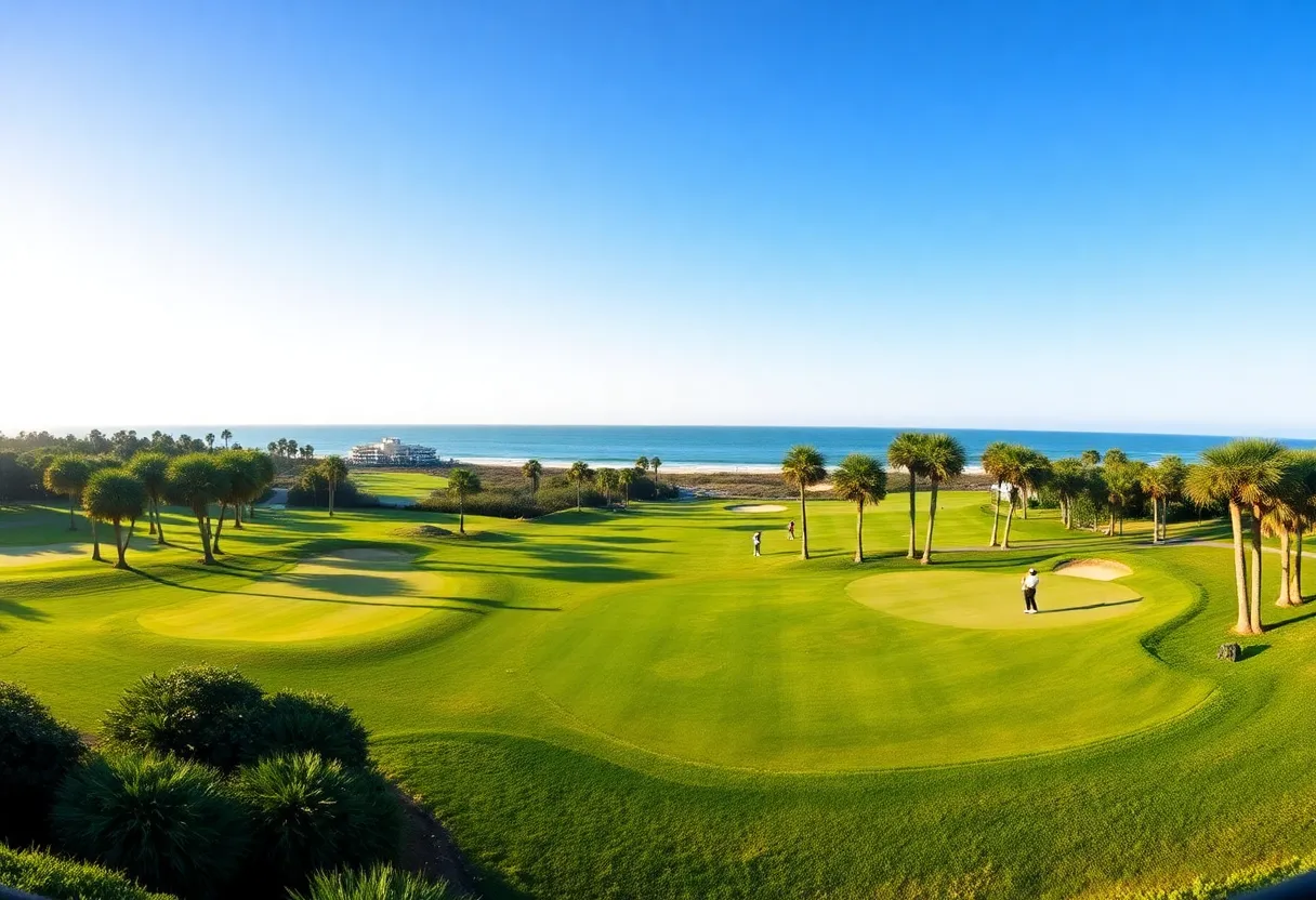 Golfers playing on a beautiful Myrtle Beach golf course with palm trees