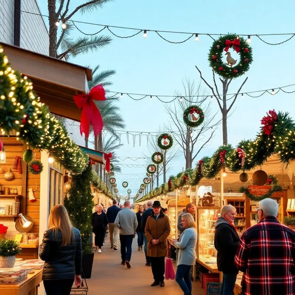 Scene from a holiday market in Myrtle Beach filled with shoppers and festive decorations.