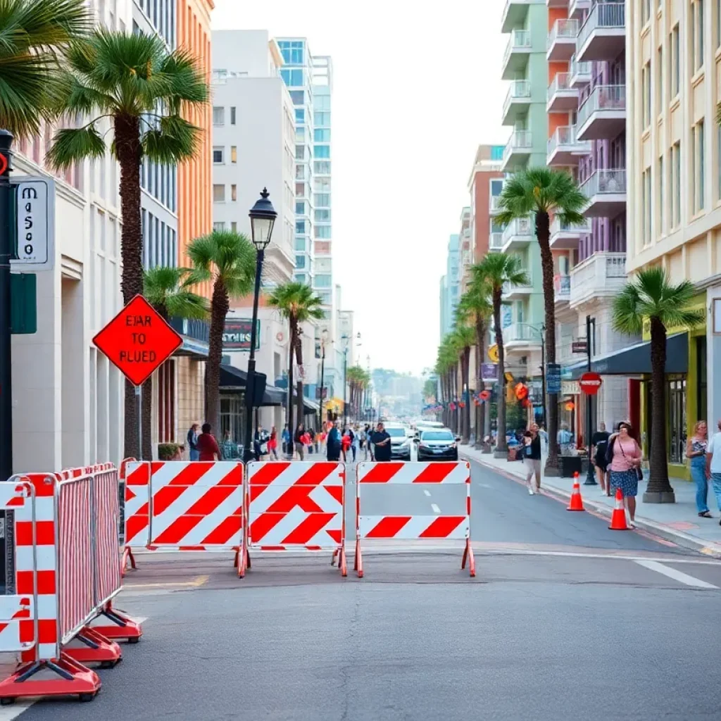 Construction barriers on Main Street in downtown Myrtle Beach