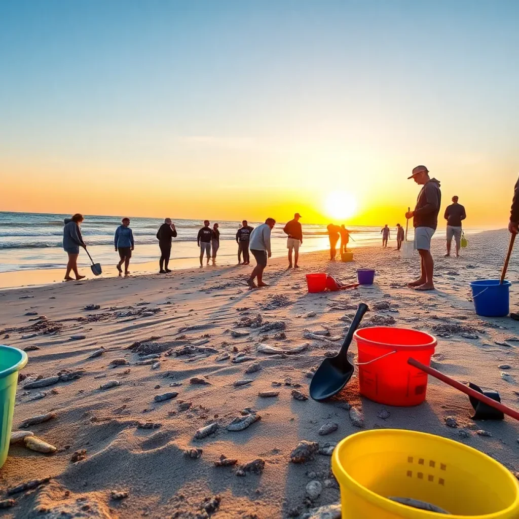 Individuals searching for shark teeth at Myrtle Beach