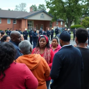 Community members discuss the teacher's arrest outside a school.