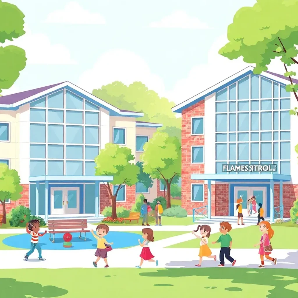 Illustration of two new elementary schools in Carolina Forest with children playing outside.